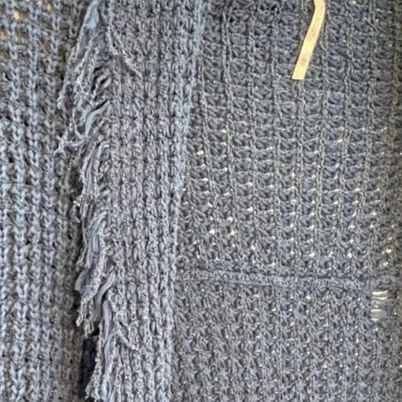 Free People I'll Be Around Cardigan Sweater Blue Silk Fringe Trim XS - Picture 9 of 13